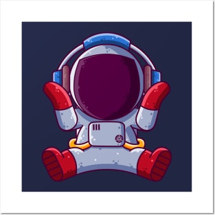 Cute Astronaut Listening Music with Headphone Cartoon Posters and Art